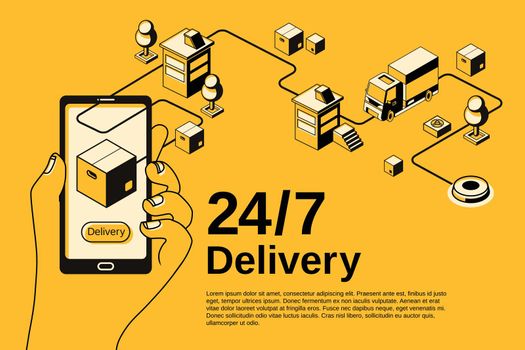 Delivery service 24 7 vector halftone illustration