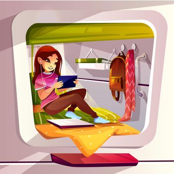 Girl in capsule hotel or hostel vector illustration