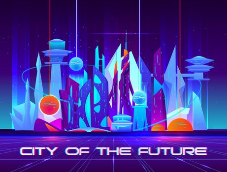 City of future at night with vibrant neon lights