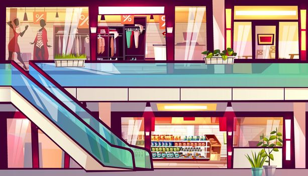 Mall shops escalator staircase vector illustration
