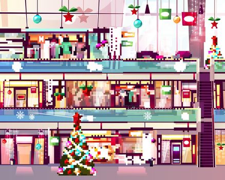 Christmas mall shops escalator vector illustration