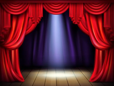 Stage with opened red curtains realistic vector