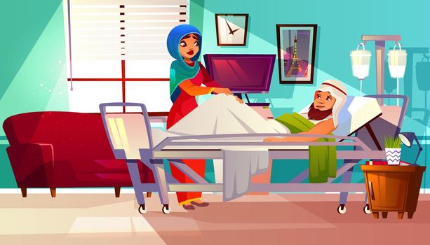 Vector hospital concept. Arabic patient, Muslim nurse
