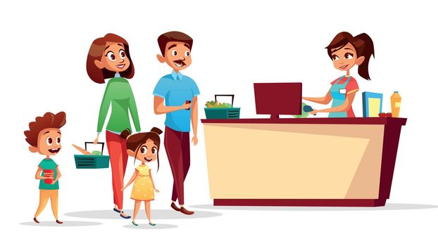 People at supermarket checkout counter vector cartoon