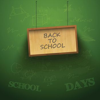 Education school template with hanging plank and hand drawn elements on green blackboard vector illustration