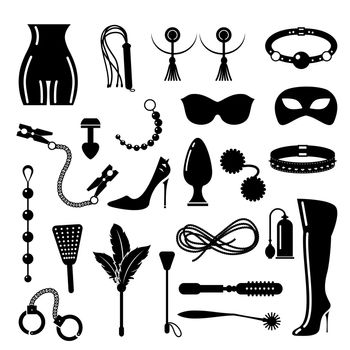 BDSM icons set. Bondage and discipline, domination symbols vector