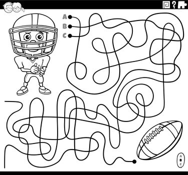 maze with cartoon footballer and ball coloring book page