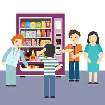 Vending machine choices vector illustration. People choose snacking food and drink