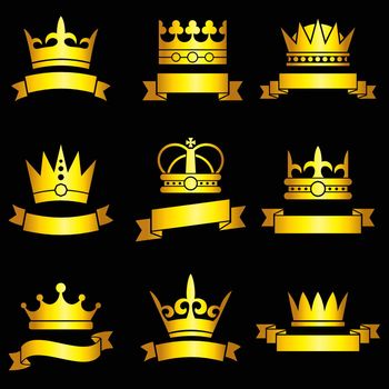 Medieval king tiaras, gold crowns and ribbon banner vector set