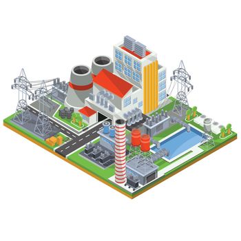Vector isometric illustration of a nuclear power plant for the production of electrical energy