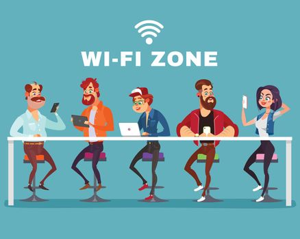 Vector cartoon illustration of a men and a woman in the wi-fi zone
