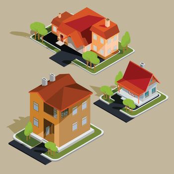 Set of vector isometric residential houses, cottages