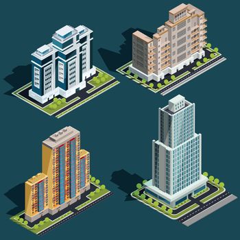 Vector isometric 3D illustrations of modern urban buildings