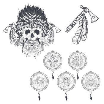 Set of vector templates for a tattoo with a human skull in an indian feather hat, tomahawk and various dream catchers