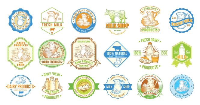 Set of vector illustrations, badges, stickers, labels, stamps for milk and dairy products