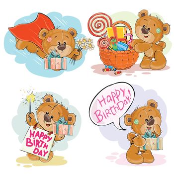 Set of vector clip art illustrations of brown teddy bear wishes you a happy birthday.
