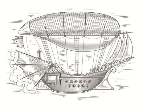 Vector steampunk illustration of a fantastic wooden flyinPrint, template, design element