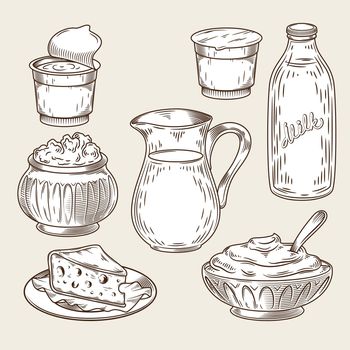 Vector illustration of a set of dairy products in the style of engraving.