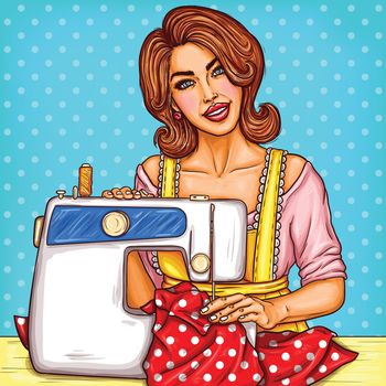 Vector pop art illustration of a young woman dressmaker sewing on a sewing machine