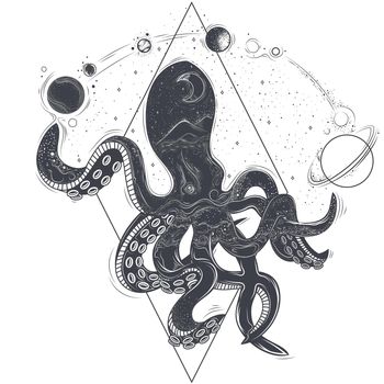 Vector geometric illustration of an octopus and cosmic planets