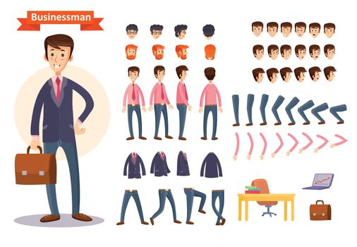 Set of vector cartoon illustrations for creating a character, businessman.