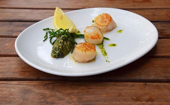 Portion of grilled scallops on plate on table