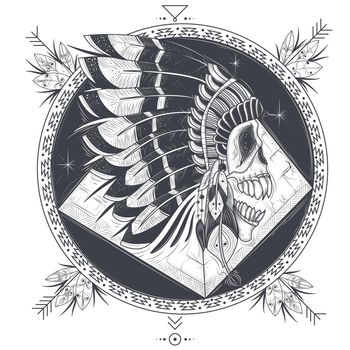 Vector illustration of a template for a tattoo with a human skull in an indian feather hat.