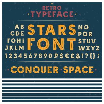 Vector retro font, letters, numbers and symbols