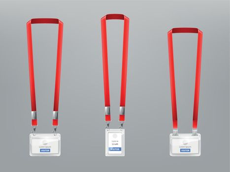 Vector set of ID cards, badges with red lanyards
