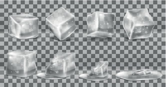 Vector set of cold solid ice cubes and melting
