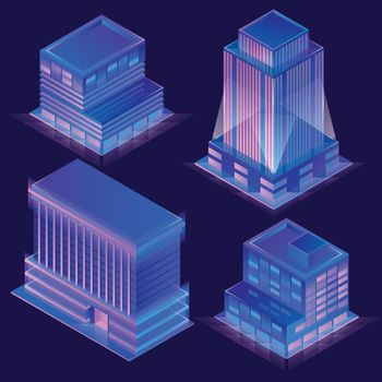 Vector 3d isometric buildings with neon illumination