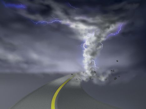Vector tornado with lightnings, hurricane on road