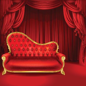 Theater vector concept, red sofa, scene curtains
