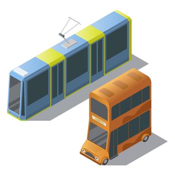 Vector isometric double decker bus and tram