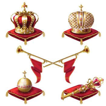 Royal crowns, scepter and orb realistic vector set