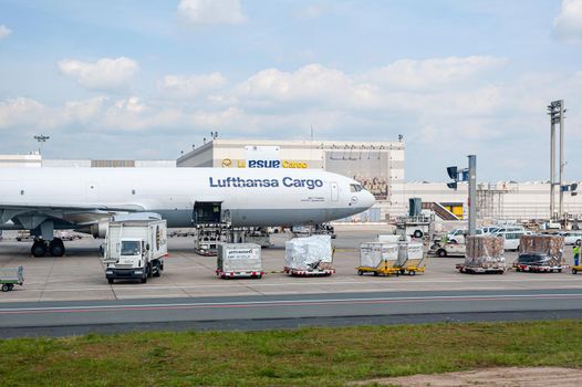05/26/2019. Frankfurt Airport, Germany. Boeing 777 Freighter and Airbus A220 in Lufthansa cargo depot. operated by Fraport and serves as the main hub for Lufthansa.