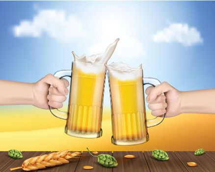 Hands holding glass mugs with beer raised in toast