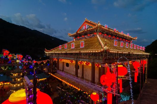 Kek Lok Si temple with colorful light during blue hour