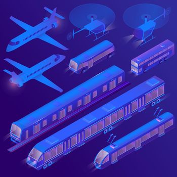 Vector 3d isometric set of urban air and land transportation, tram, trolley. Ultra violet passenger vehicles - bus, subway. Collection of aircrafts - helicopter, plane in cartoon style