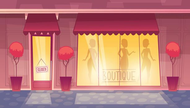 Vector closed cartoon boutique with illuminated shop-window