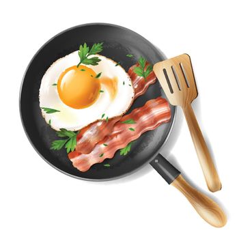 Vector fried eggs with bacon strips and parsley