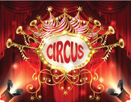 Vector banner with circus signboard and curtains