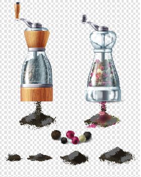 Vector clipart with pepper mills and peppercorns