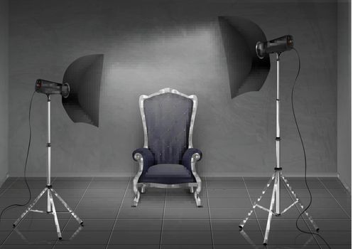 Vector photo studio with armchair and softboxes