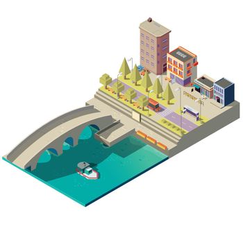 Vector isometric map of town with buildings