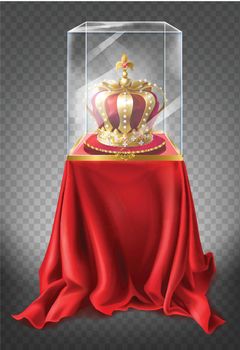 Vector royal crown in showcase, museum exhibit