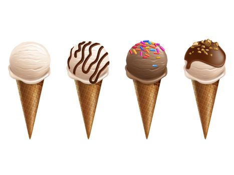 Ice cream scoops in wafer cone vector 3D set