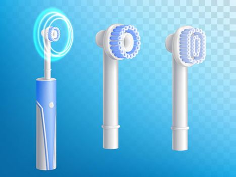 Vector 3d realistic electric toothbrushes, removable nozzles