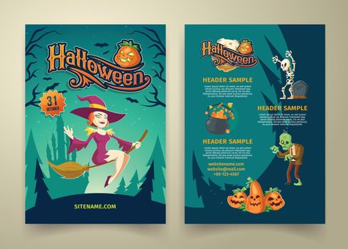 Vector Halloween invitation on list, brochure with characters