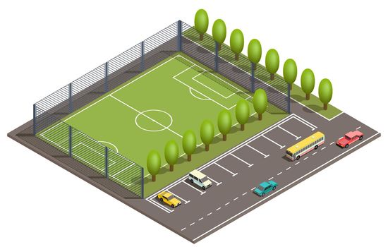 Vector 3d isometric football field, car parking